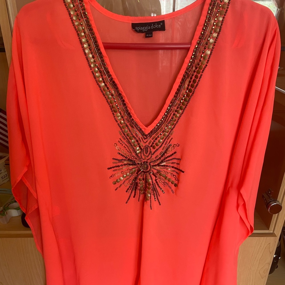 Designer summer/beach light flowing bright pink dress/wrap with embroidery.